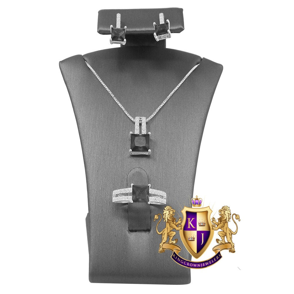 Real Sterling Silver Solitaire Black Onyx 10K White Gold Over Pendent Charm Chain Neckless Earrings Ring 3 Piece Combo Set