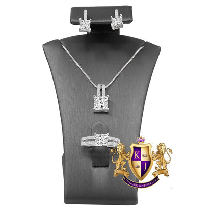 Real Sterling Silver Solitaire Crystal Clear Zirconia 10K White Gold Over Pendent Charm Chain Neckless Earrings Ring 3 Piece Combo Set