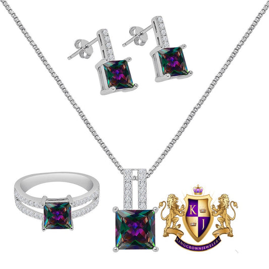 Real Sterling Silver Solitaire Rainbow Tone Zirconia 10K White Gold Over Pendent Charm Chain Neckless Earrings Ring 3 Piece Combo Set