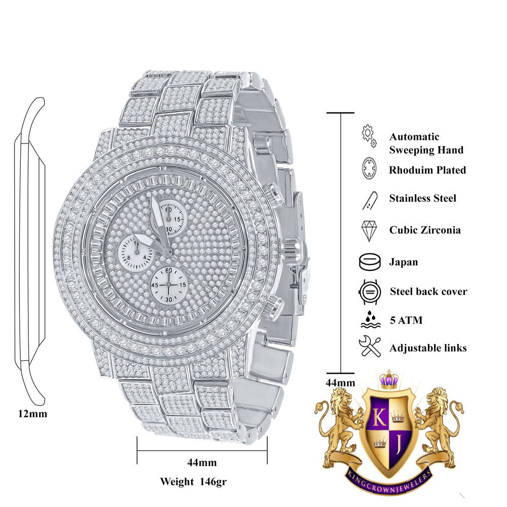 Men's 18K White Gold Finish Simulated Diamond Solid Steel Back Iced Out Bezel Band Watch 44mm