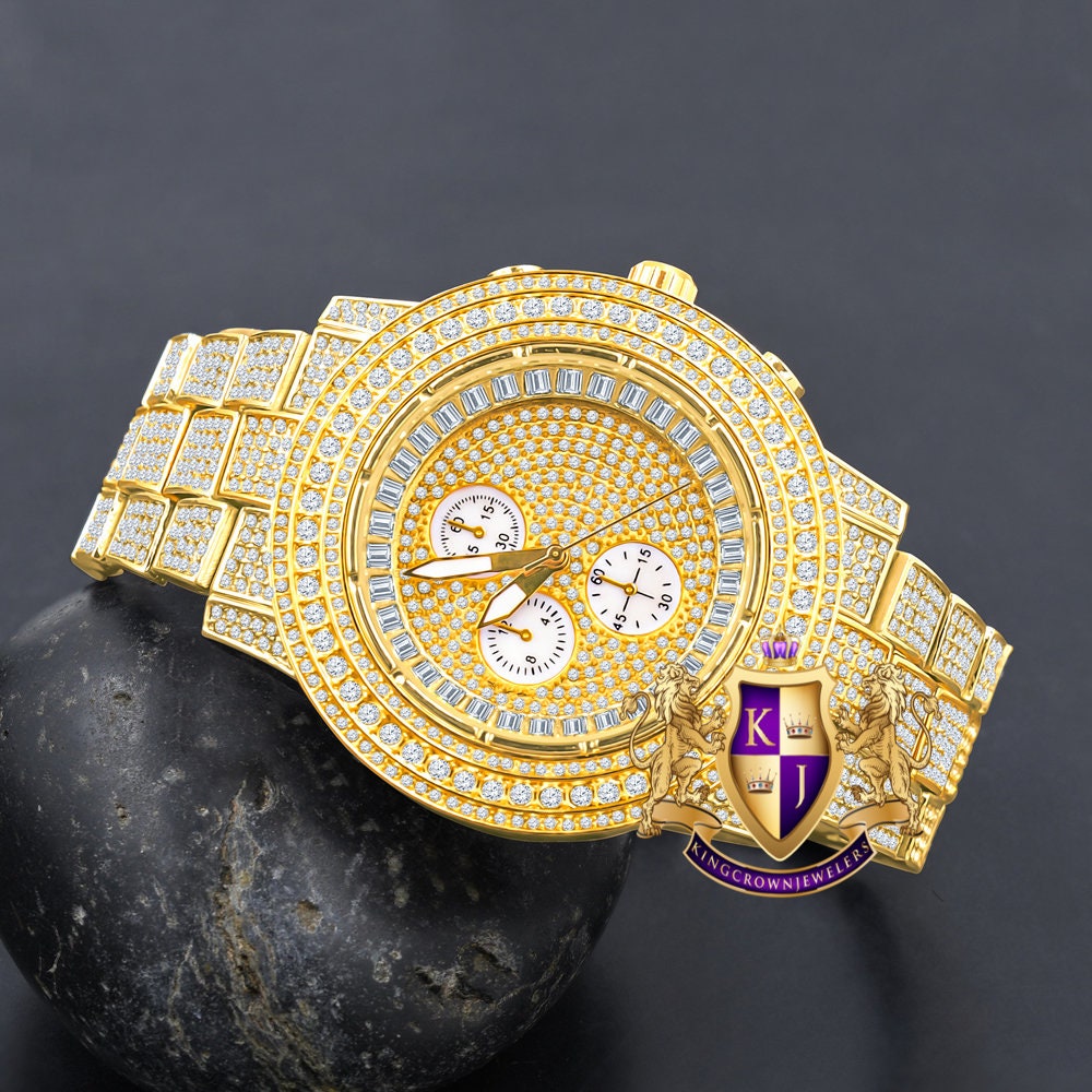 Men's 18K Yellow Gold Finish Simulated Diamond Solid Steel Back Iced Out Bezel Band Watch 44mm
