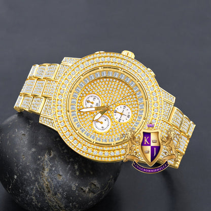 Men's 18K Yellow Gold Finish Simulated Diamond Solid Steel Back Iced Out Bezel Band Watch 44mm