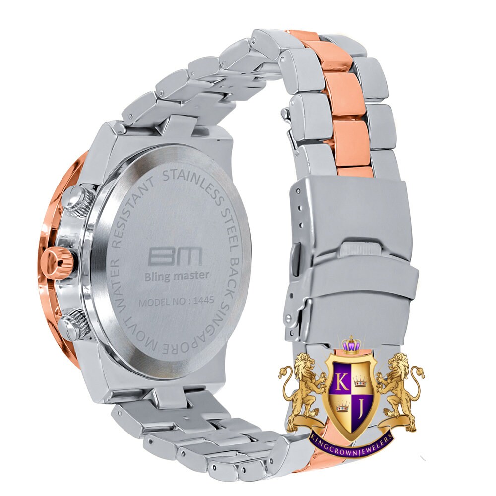 Men's 2 Tone Rose Gold Finish Simulated Diamond Solid Steel Back Iced Out Bezel Band Watch 44mm