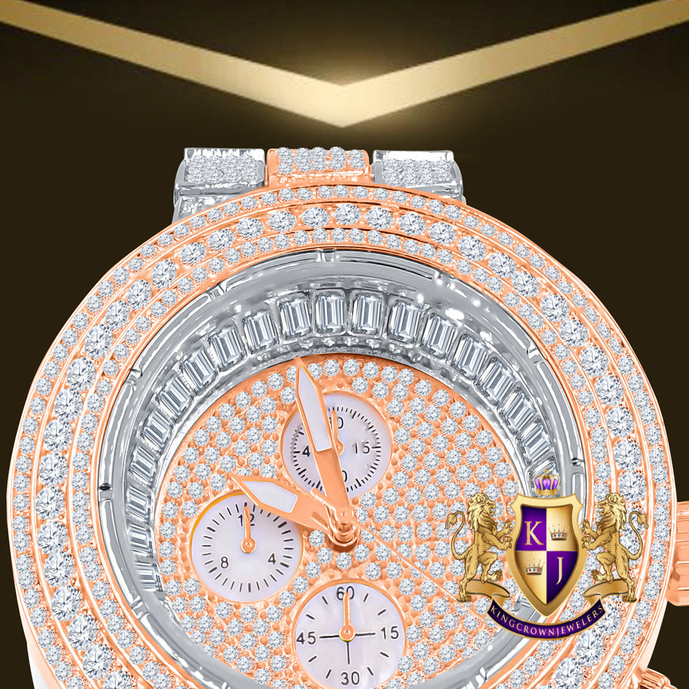 Men's 2 Tone Rose Gold Finish Simulated Diamond Solid Steel Back Iced Out Bezel Band Watch 44mm
