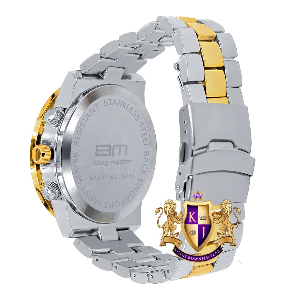 Men's 2 Tone Yellow Gold Finish Simulated Diamond Solid Steel Back Iced Out Bezel Band Watch 44mm