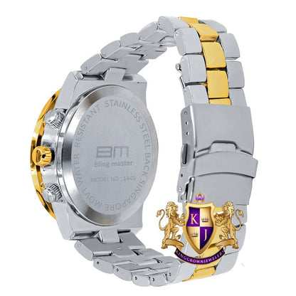 Men's 2 Tone Yellow Gold Finish Simulated Diamond Solid Steel Back Iced Out Bezel Band Watch 44mm