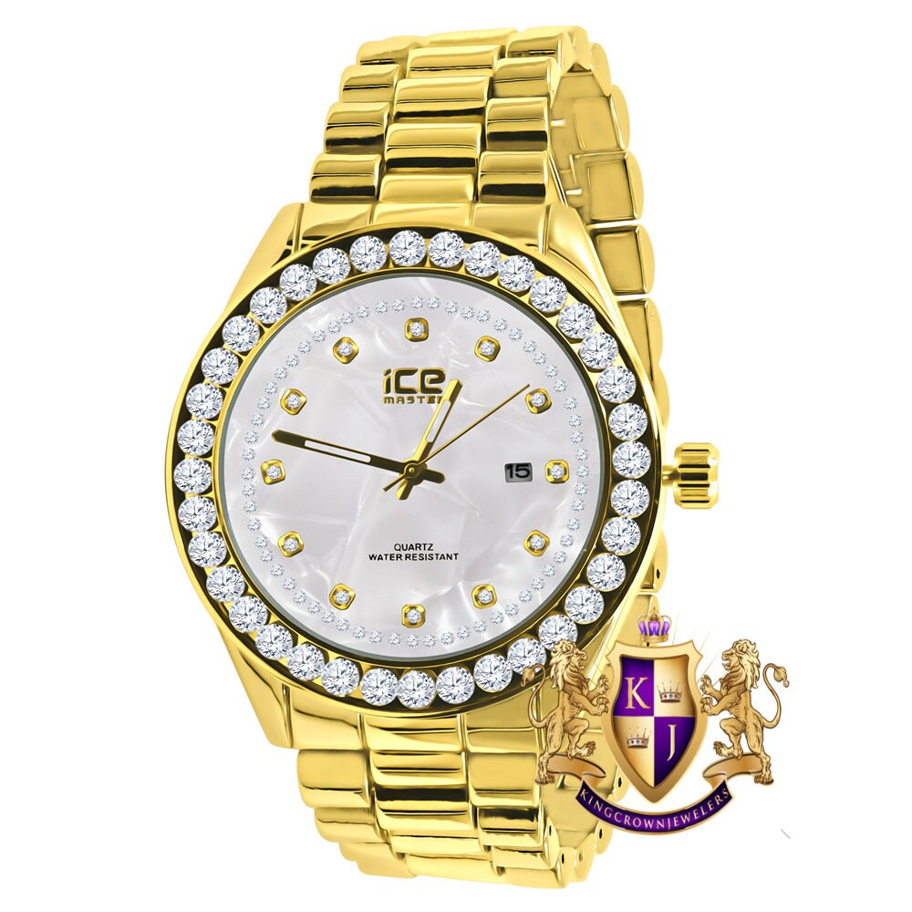 Solitaire Men's 18K Gold Finish Simulated Diamond Solid Stainless Steel Back Presidential Watch 44mm