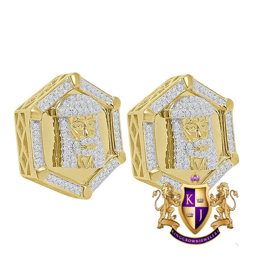 XL 20mm Real Sterling Silver 14K Gold Finish Simulated Diamond Jesus Face Screw Back Stud Earrings