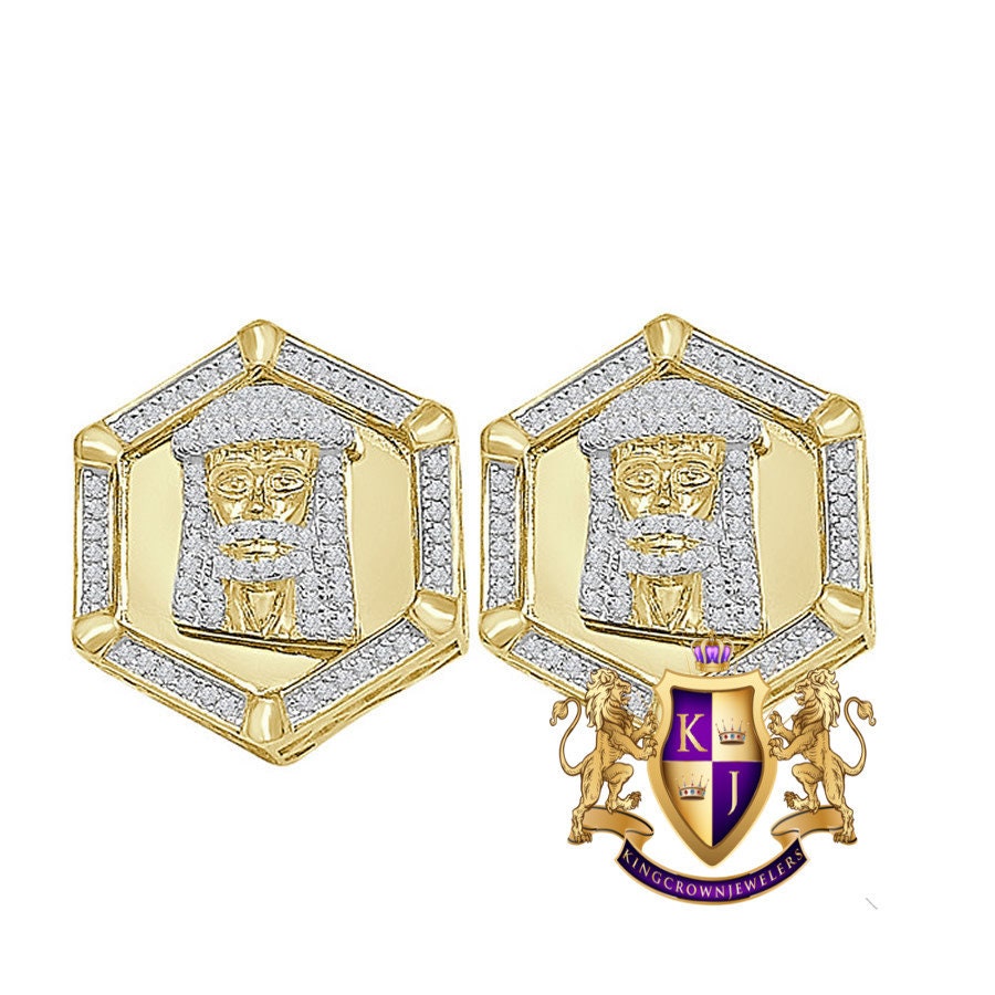 XL 20mm Real Sterling Silver 14K Gold Finish Simulated Diamond Jesus Face Screw Back Stud Earrings
