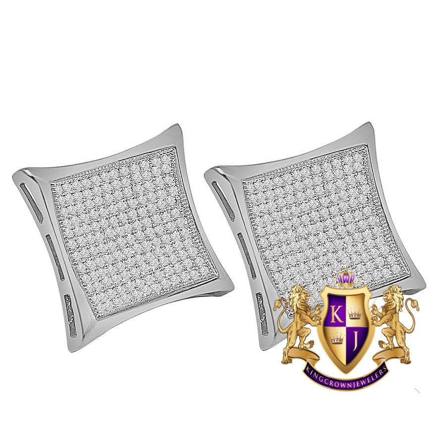 Genuine Italian Sterling Silver 14K White Gold Finish Simulated Diamond Square Kite Big 20 mm Screw Back Stud Earrings
