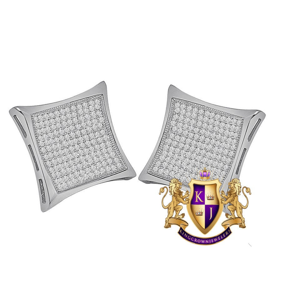 Genuine Italian Sterling Silver 14K White Gold Finish Simulated Diamond Square Kite Big 20 mm Screw Back Stud Earrings