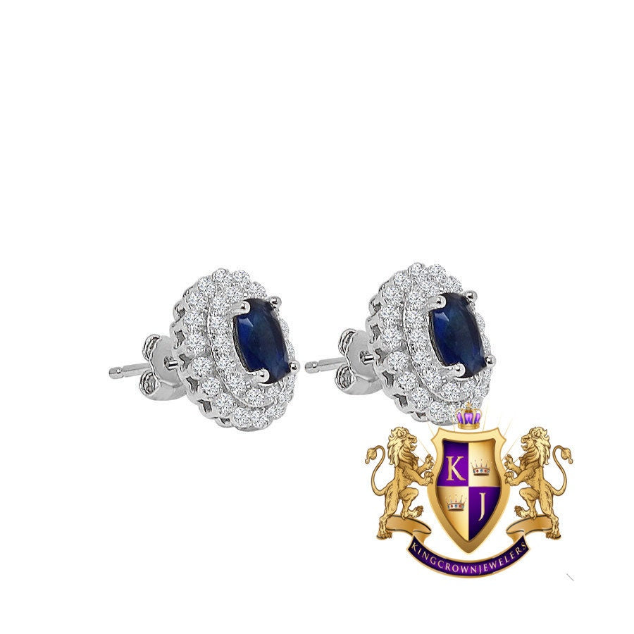 Ladies Sapphire Blue Real Sterling Silver 10K White Gold Over Pendent Charm Chain Neckless Earrings Ring 3 Piece Combo Set