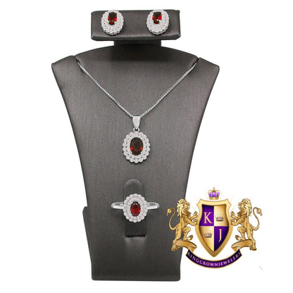 Ladies Ruby Red Real Sterling Silver 10K White Gold Over Pendent Charm Chain Neckless Earrings Ring 3 Piece Combo Set