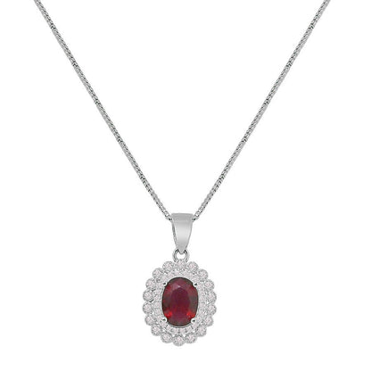 Ladies Ruby Red Real Sterling Silver 10K White Gold Over Pendent Charm Chain Neckless Earrings Ring 3 Piece Combo Set
