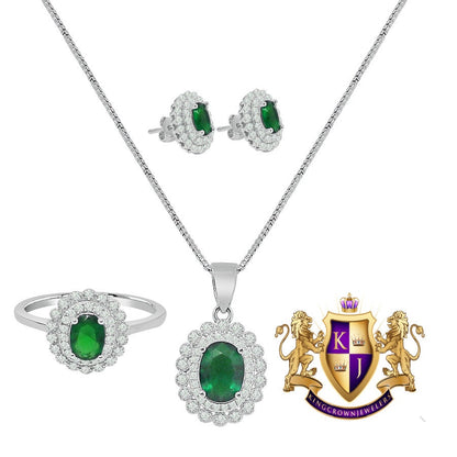 Ladies Green Emerald Real Sterling Silver 10K White Gold Over Pendent Charm Chain Neckless Earrings Ring 3 Piece Combo Set