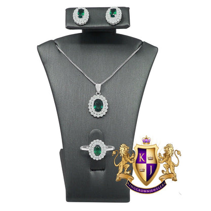 Ladies Green Emerald Real Sterling Silver 10K White Gold Over Pendent Charm Chain Neckless Earrings Ring 3 Piece Combo Set