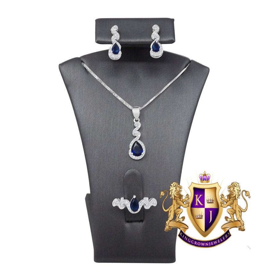 Real Sterling Silver 10K White Gold Over Sapphire Blue Ladies Pendent Charm Chain Neckless Earrings Ring 3 Piece Combo Set