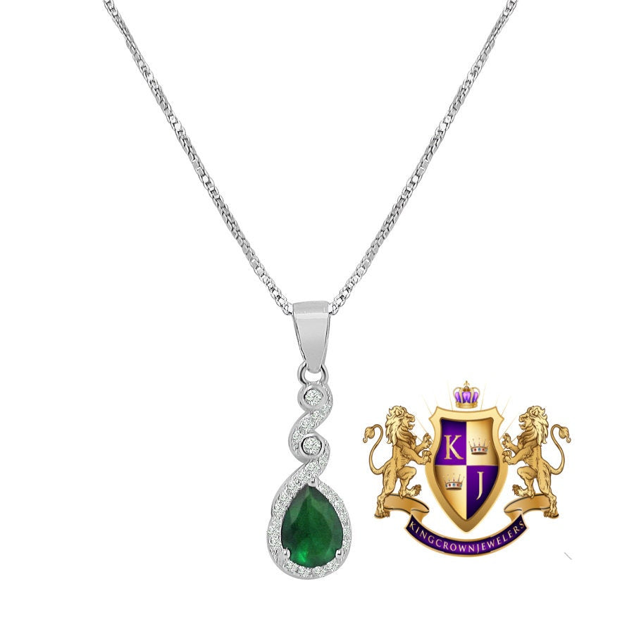 Real Sterling Silver 10K White Gold Over Green Emerald Ladies Pendent Charm Chain Neckless Earrings Ring 3 Piece Combo Set