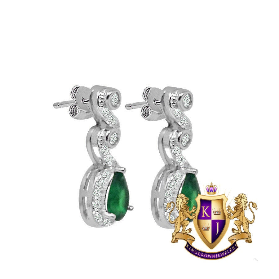Real Sterling Silver 10K White Gold Over Green Emerald Ladies Pendent Charm Chain Neckless Earrings Ring 3 Piece Combo Set