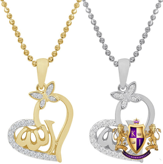 Real Genuine Italian Sterling Silver 14K Gold Over Simulated Diamond Allah Heart Love Pendant Charm Chain Neckless Set Small Mini  1.10''