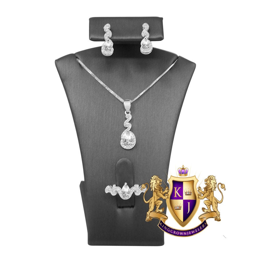 Real Sterling Silver 10K White Gold Over Crystal Clear Zirconia Ladies Pendent Charm Chain Neckless Earrings Ring 3 Piece Combo Set