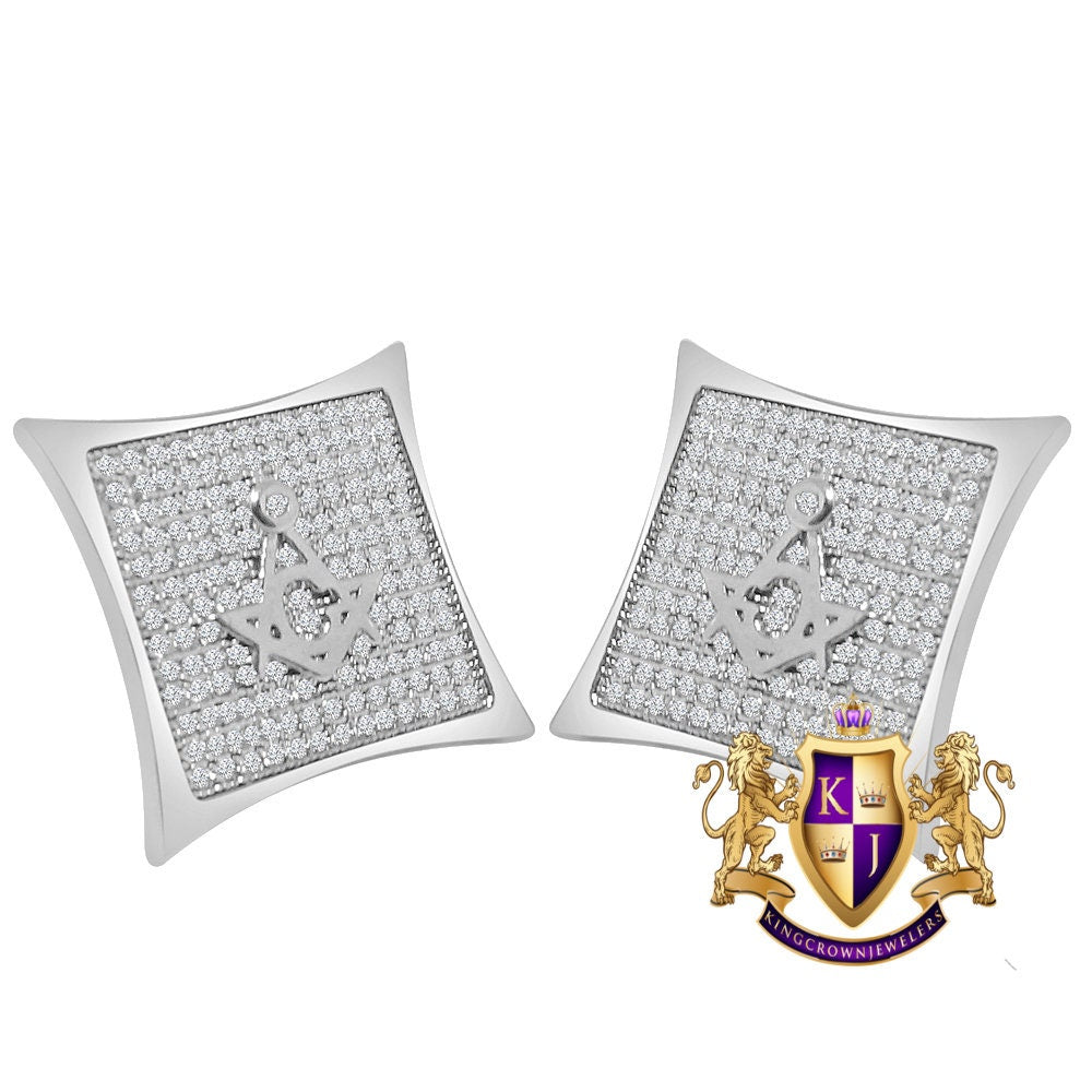 14K Gold White Gold Finish Simulated Diamond Masonic Freemason Square 18 mm Screw Back Stud Earrings