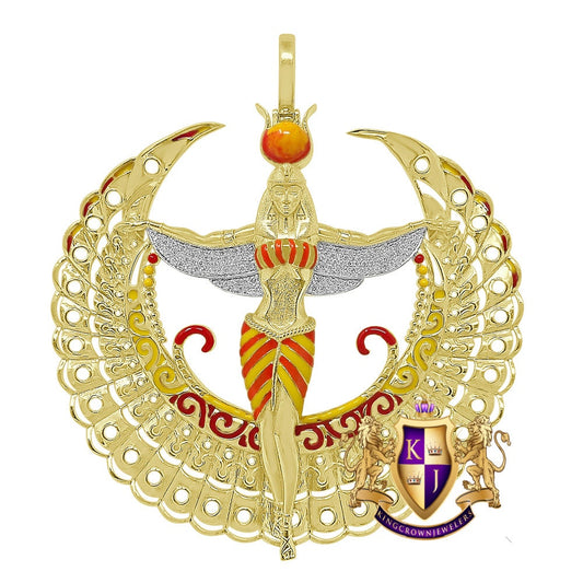 100% Real Genuine Diamond 0.60 Cwt. Egyptian Sky Goddess God Isis Exclusive Custom Pendant 14K Gold Over Pharaoh Charm 35 + Grams Big 2.85''