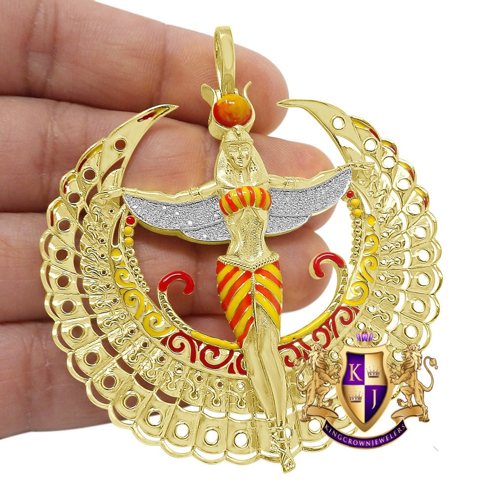 100% Real Genuine Diamond 0.60 Cwt. Egyptian Sky Goddess God Isis Exclusive Custom Pendant 14K Gold Over Pharaoh Charm 35 + Grams Big 2.85''