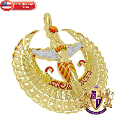 100% Real Genuine Diamond 0.60 Cwt. Egyptian Sky Goddess God Isis Exclusive Custom Pendant 14K Gold Over Pharaoh Charm 35 + Grams Big 2.85''