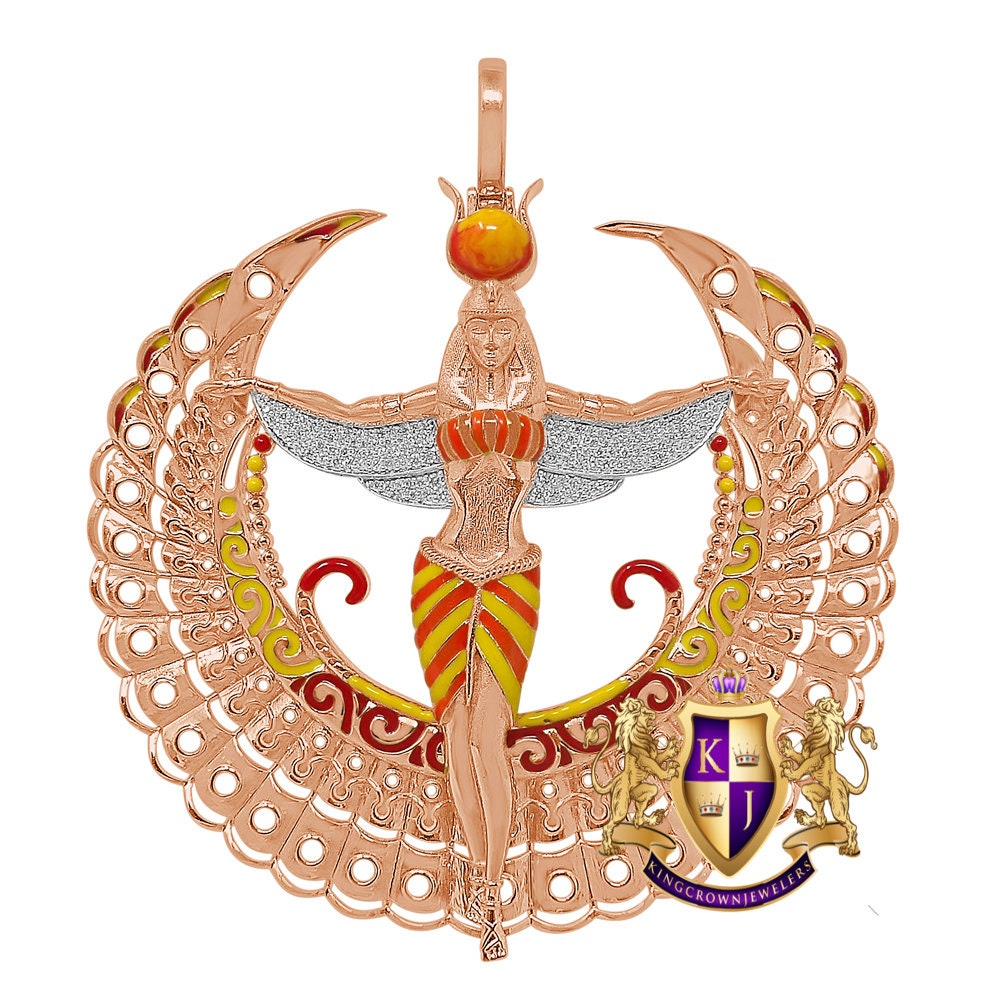 Real Genuine Diamond 0.60 Cwt. Egyptian Sky Goddess God Isis Exclusive Custom Pendent Rose Gold Over Pharaoh Charm 35 + Grams Big  2.85''