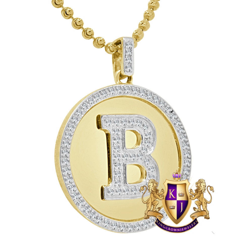 Mens 100% Real 10k Yellow Gold Genuine Diamond Initial Letter Pendent Charm + Free Chain Necklace
