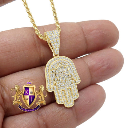 14K Gold Finish Simulated Diamond Hamsa Hand Jewish Religious Charm Mini Pendent Chain Set Unisex
