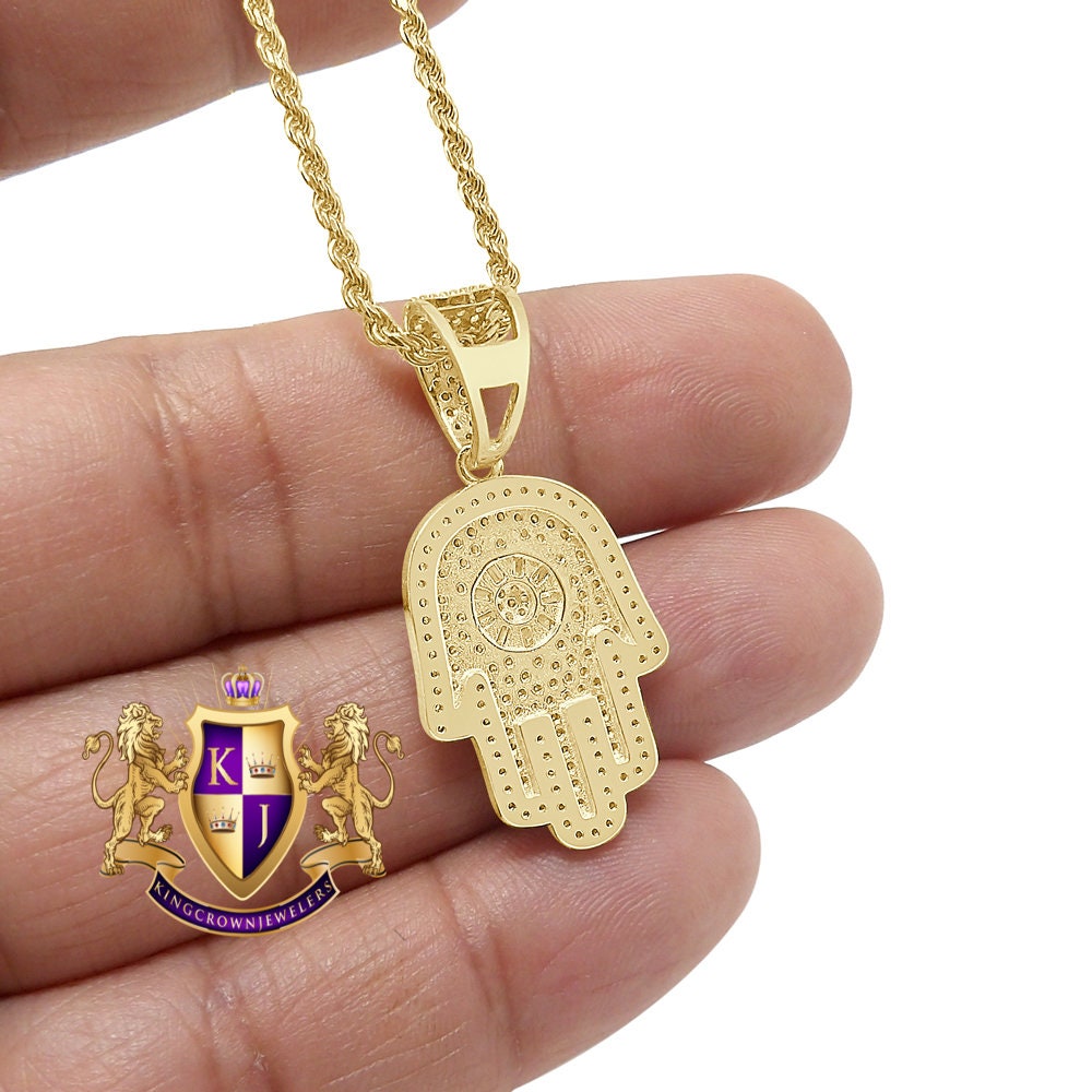 14K Gold Finish Simulated Diamond Hamsa Hand Jewish Religious Charm Mini Pendent Chain Set Unisex