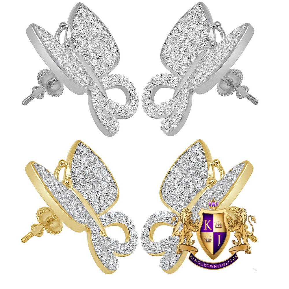 Real Silver 14K Gold Over Simulated Diamond Butterfly 16 mm Screw Back 3D Stud Earrings Unisex