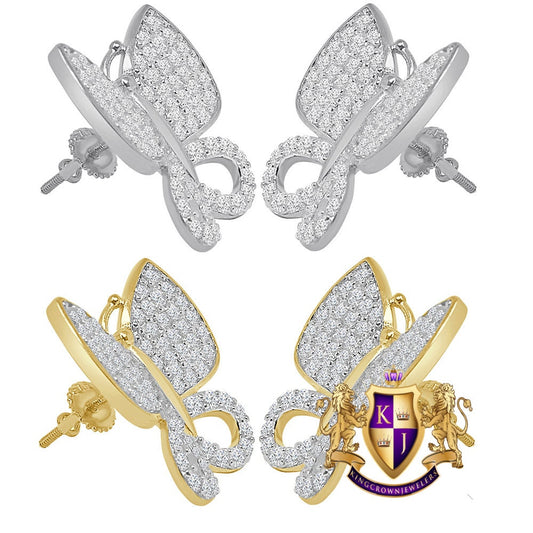Real Silver 14K Gold Over Simulated Diamond Butterfly 16 mm Screw Back 3D Stud Earrings Unisex