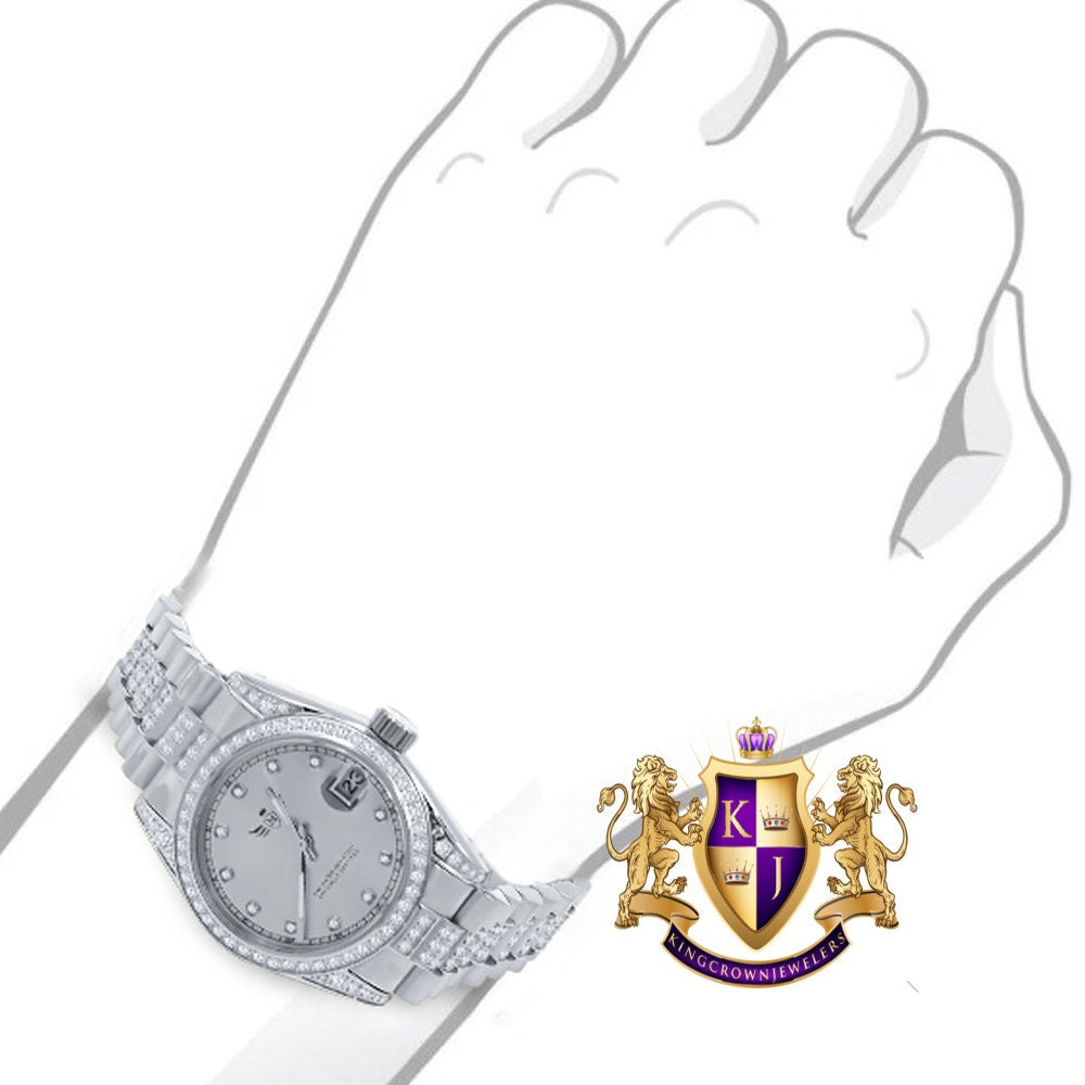 Solid Stainless Steel Icy Band 18K Gold Finish Simulated Diamond Ladies Women's Presidential Watch 30mm W/Date Function