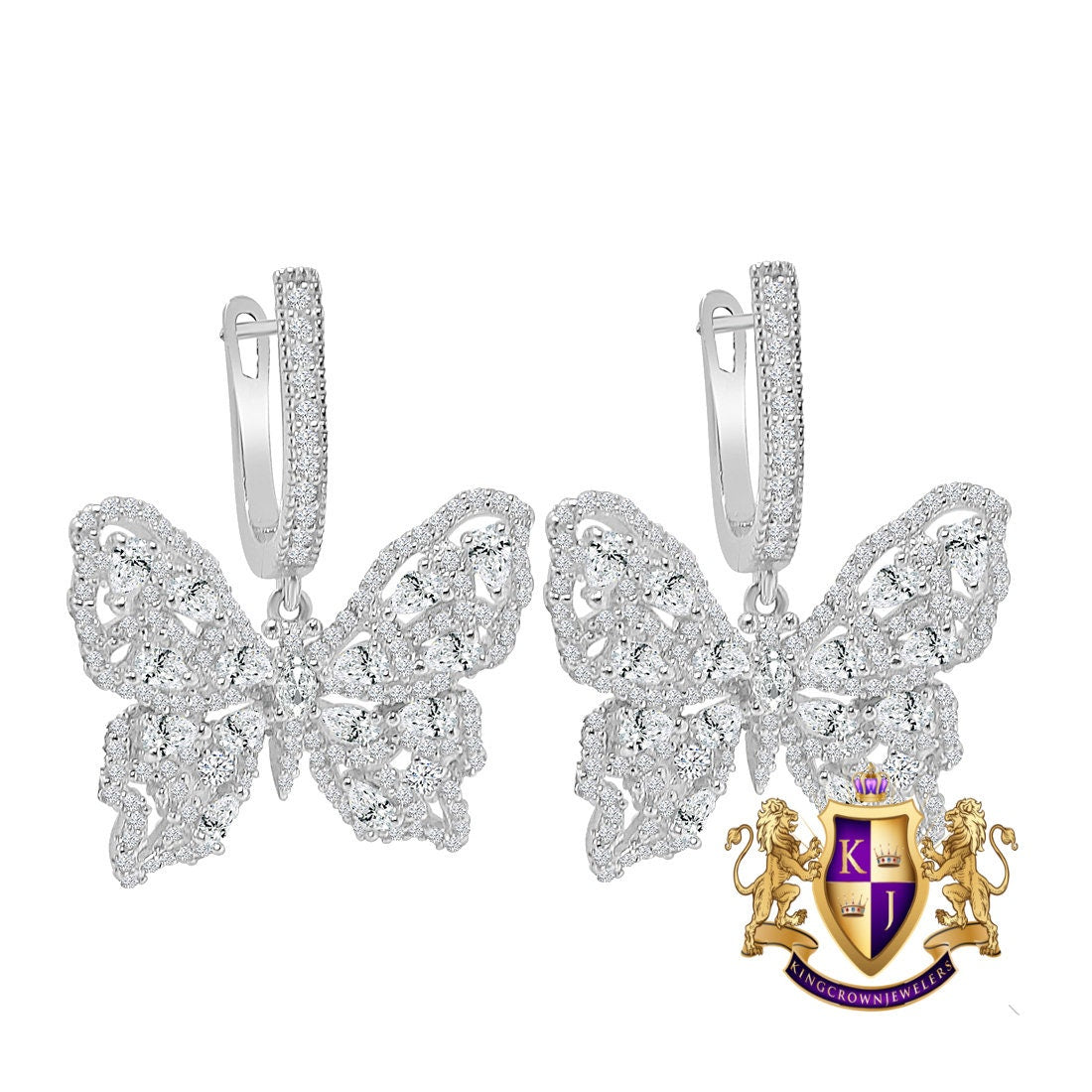 Pure Italian Sterling Silver 14K Gold Over Simulated Diamond Butterfly Shape 20 mm Hoop Stud Earrings Unisex