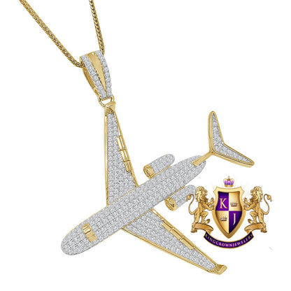 20+ Grams Real Genuine Authentic Sterling Silver 2.00 Cwt. Simulated Diamond 14K Gold Over Sky Airplane Jet Custom Pendent Men's Charm Chain