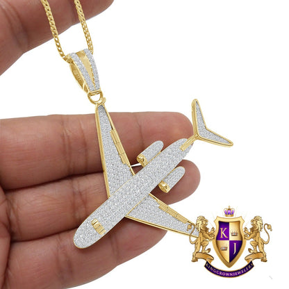 20+ Grams Real Genuine Authentic Sterling Silver 2.00 Cwt. Simulated Diamond 14K Gold Over Sky Airplane Jet Custom Pendent Men's Charm Chain