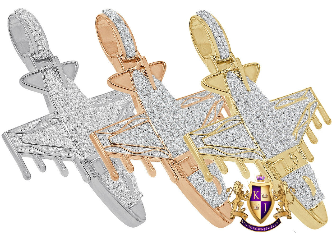 Real Genuine Authentic Italian Steeling Silver 17+ Grams 2.00 Cwt. Simulated Diamond 14K Gold Finish Airplane Jet Men's Pendent Charm 2.75''