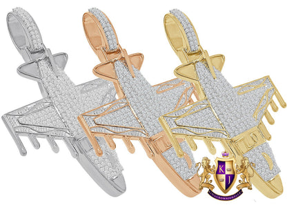 Real Genuine Authentic Italian Steeling Silver 17+ Grams 2.00 Cwt. Simulated Diamond 14K Gold Finish Airplane Jet Men's Pendent Charm 2.75''