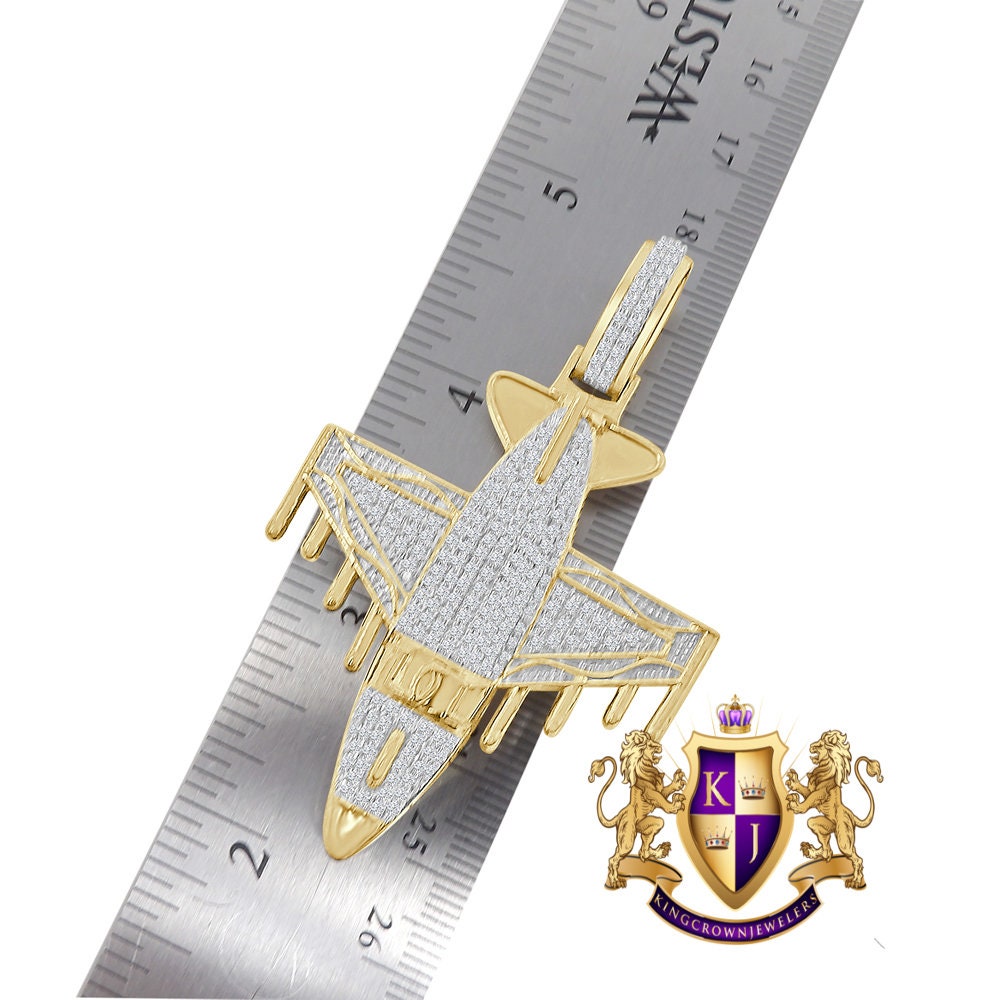Real Genuine Authentic Italian Steeling Silver 17+ Grams 2.00 Cwt. Simulated Diamond 14K Gold Finish Airplane Jet Men's Pendent Charm 2.75''