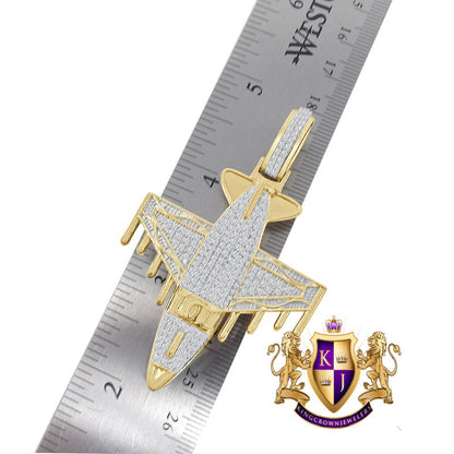 Real Genuine Authentic Italian Steeling Silver 17+ Grams 2.00 Cwt. Simulated Diamond 14K Gold Finish Airplane Jet Men's Pendent Charm 2.75''