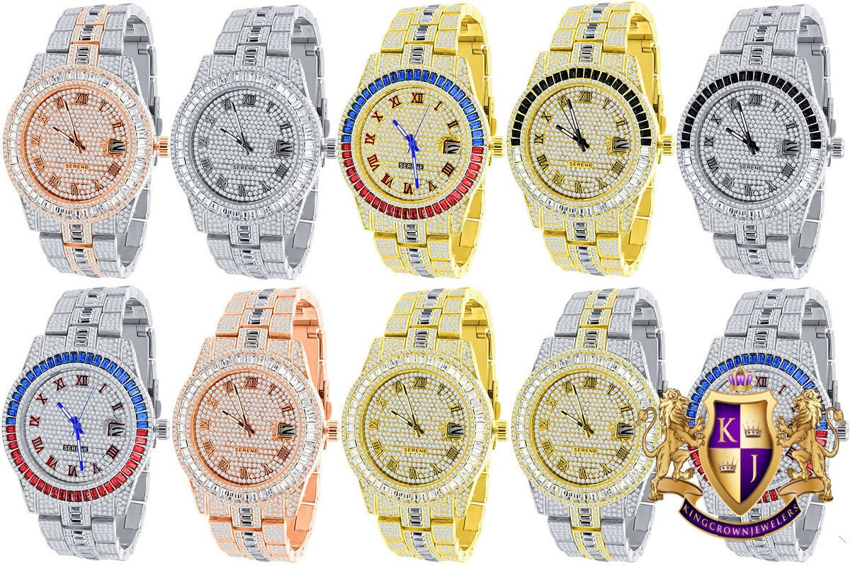 Baguette Roman Dial Men's 14K Gold Finish Simulated Diamond Solid Steel Back Presidential Watch 44mm W/Date Function