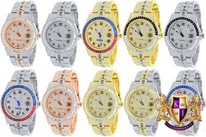 Baguette Roman Dial Men's 14K Gold Finish Simulated Diamond Solid Steel Back Presidential Watch 44mm W/Date Function
