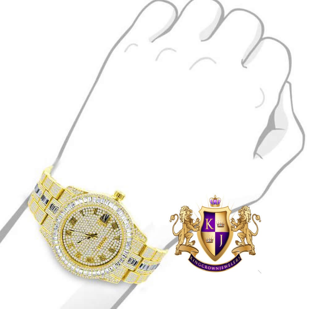 Baguette Roman Dial Men's 14K Gold Finish Simulated Diamond Solid Steel Back Presidential Watch 44mm W/Date Function