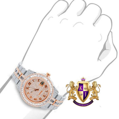 Baguette Roman Dial Men's 14K Gold Finish Simulated Diamond Solid Steel Back Presidential Watch 44mm W/Date Function