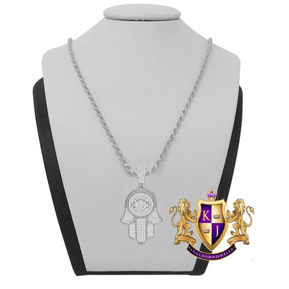 Real Silver 14K Gold Finish Simulated Diamond Hamsa Hand Jewish Religious Charm Mini Pendent Chain Set