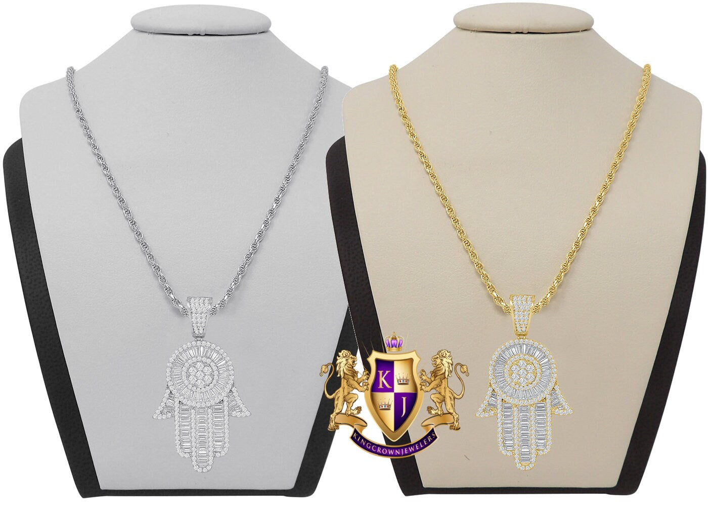 Baguette Genuine Silver 14K Gold Finish Simulated Diamond Hamsa Hand Jewish Religious Charm Mini Pendent Chain Set