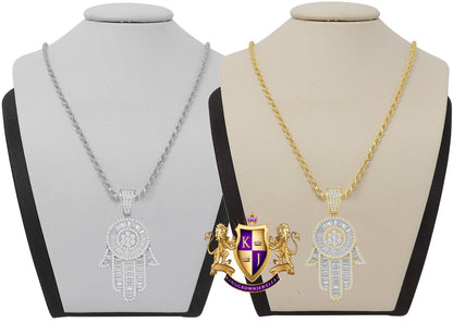 Baguette Genuine Silver 14K Gold Finish Simulated Diamond Hamsa Hand Jewish Religious Charm Mini Pendent Chain Set